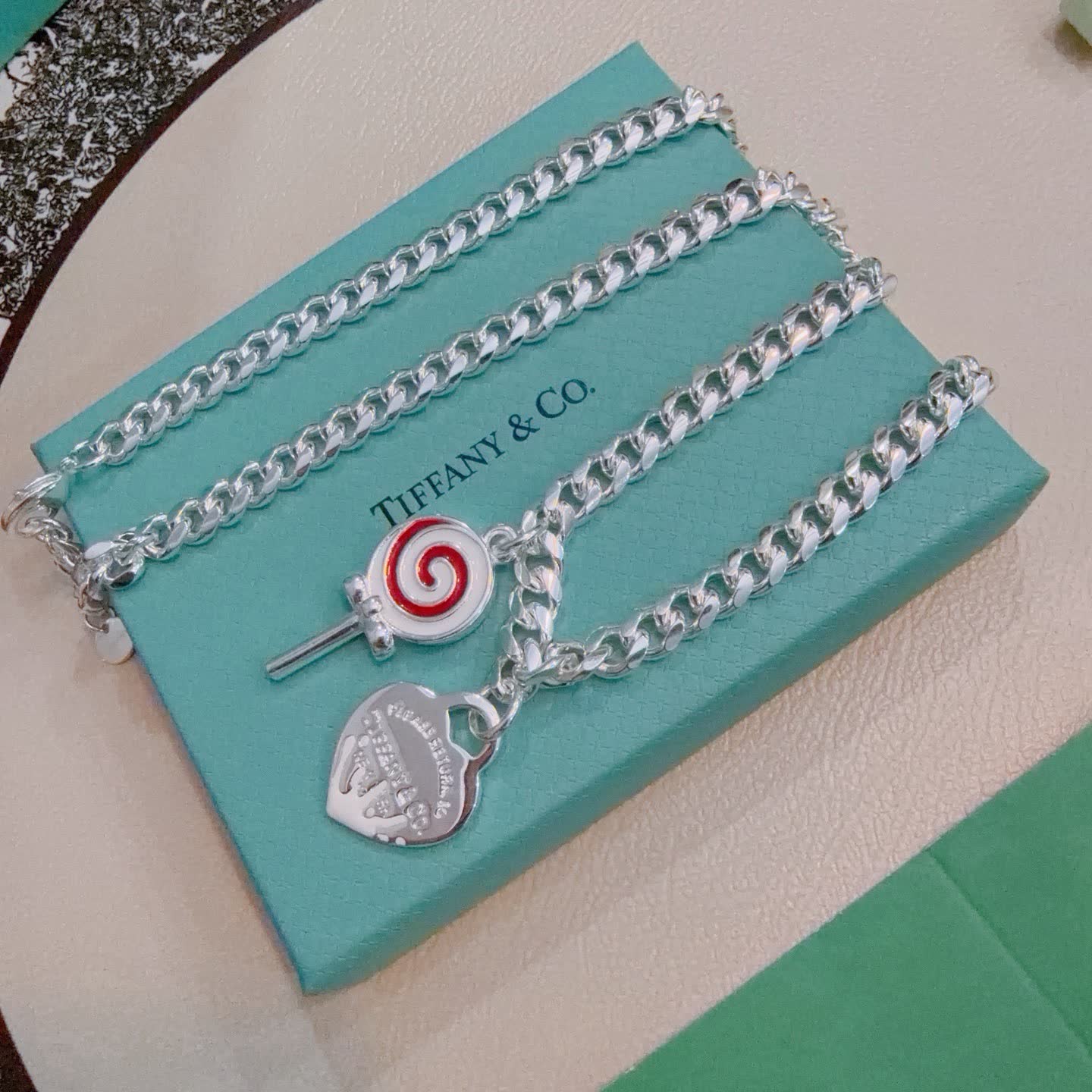 Tiffany & Co. Silver Chain Necklace with Lollipop and Heart Charms